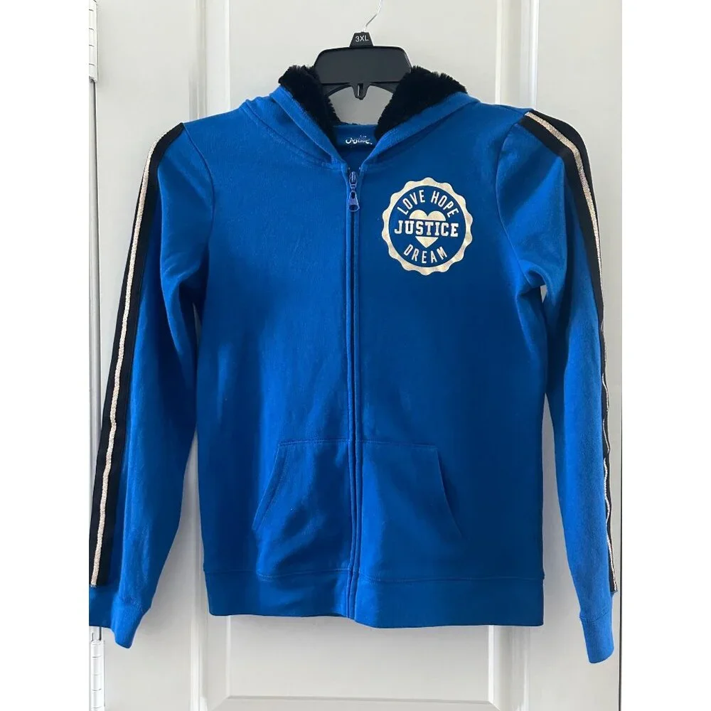 Justice Girls Blue Faux Fur Lined Hoodie With Love Hope Justice Dream Graphic Si